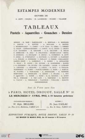 Estampes modernes : œuvres de R. Dufy, Foujita, M. Laurencin, Picasso, Valadon ; tableaux, pastels, aquarelles, gouaches, dessins par Adrion, M. Bain, ..., Zandomeneghi ; dont la vente aura lieu à Paris, Hôtel Drouot, le mercredi 1er avril 1942