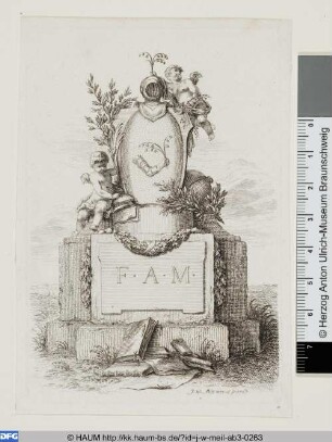 Zwei Putti auf einem Denkmal, im Vordergrund Bücher