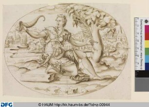 Sitzende Frau mit Füllhorn und Palmzweig