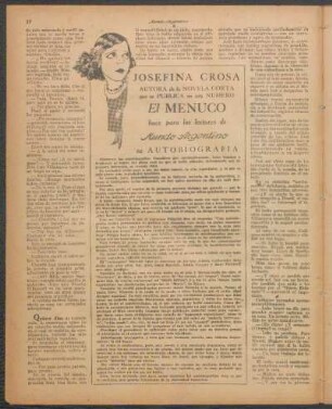 Josefina Crosa, autora de la novela corta, que se pública en este número "El menuco", hace para los lectores de Mundo Argentino su autobiografía
