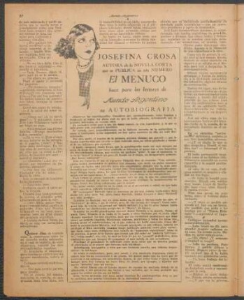 Josefina Crosa, autora de la novela corta, que se pública en este número "El menuco", hace para los lectores de Mundo Argentino su autobiografía
