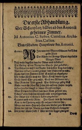 Die erste Abhandlung. Der Schauplatz bildet ab des Antonii geheimes Zimmer.
