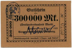 Geldschein / Notgeld, 300.000 Mark, 1.8.1923