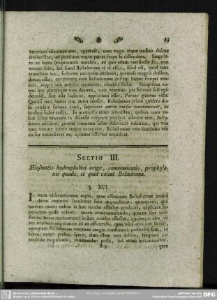 Sectio III. Miasmatis hydrophobici origo, communicatio, prophylaxis qualis, et quid valeat Belladonna