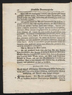 Titulus VIII. Nach Inhalt obbemelter Verordnung sollen dy Praelaturen und Conventus in den Clöstern, ...