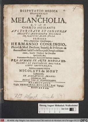 Disputatio Medica Inauguralis De Melancholia