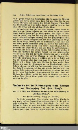 Ansprache bei der Niederlegung eines Kranzes am Sarkophag Joh. Seb. Bach's : am 15.4.1929, dem 200jährigen Gedenktag der Erstaufführung der „Matthäus-Passion“