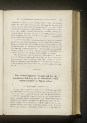 Über chemotherapeutische Versuche und über die diagnostische Bedeutung der provokatorischen Typhusimpfstoffinjektionen bei Malaria tertiana