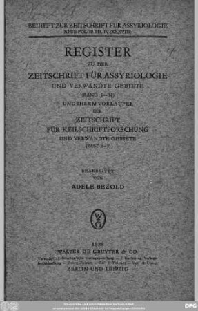 Register: Zeitschrift für Assyriologie und verwandte Gebiete : Fachzeitschrift der Deutschen Morgenländischen Gesellschaft