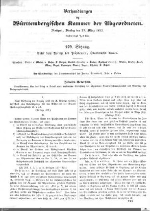 129. Sitzung, Stuttgart, 23.3.1852
