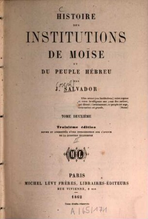 Histoire des institutions de Moïse et du peuple hébreu, 2