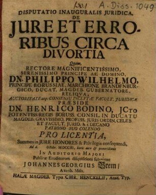 Disputatio inauguralis iuridica de iure et erroribus circa divortia