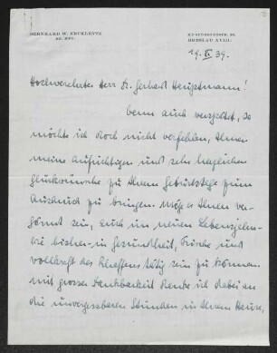 Brief von Bernhard Ercklentz an Gerhart Hauptmann