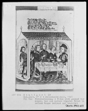 Schachzabelbuch des Konrad von Ammenhausen — Titus muß seinen ärgsten Feind bewirten, Folio 260recto