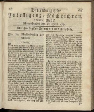 XXXIX. Stück. Sonnabends: den 27. Sept. 1794.