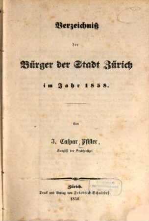 Verzeichnis der Stadt Zürich im Jahr .... 1858