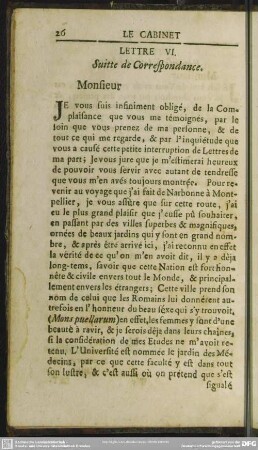 Lettre VI. Suitte [Suite] de Correspondance