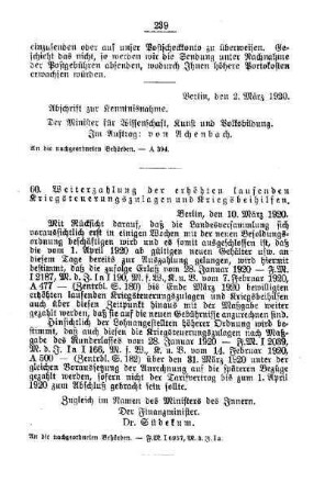 Weiterzahlung der erhöhten laufenden Kriegsteuerungszulagen und Kriegsbeihilfen : [A. Behörden und Beamte]