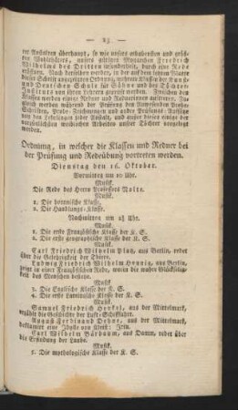 Ordnung, in welcher die Klassen und Redner bei der Prüfung und Redeübung vortreten werden.