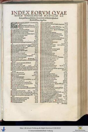 Index eorum quae hisce theologiae mysticae libris passim tractantur.