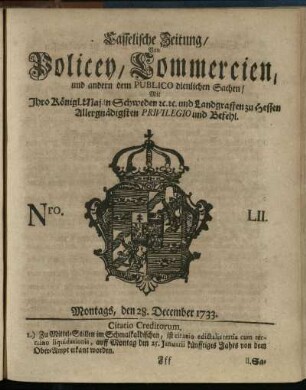 Nro. LII, Montags, den 28. December 1733