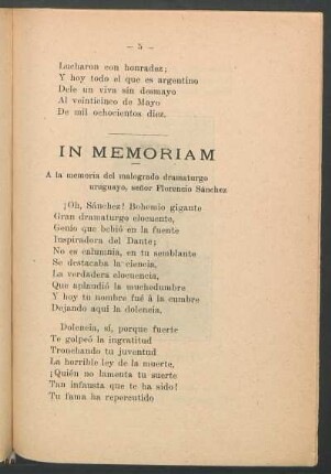 In memoriam : A la memoria del malogrado dramaturgo uruguayo, señor Florencio Sánchez