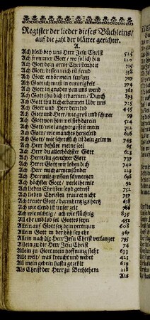 Register der lieder dieses Büchleins/ auf die zahl der blätter gerichtet.