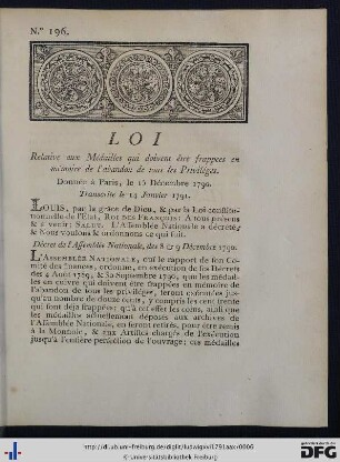 Loi Relative aux Médailles qui doivent être frappées en mémoire de l'abandon de tous les Priviléges.