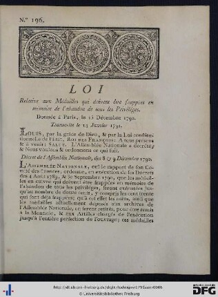 Loi Relative aux Médailles qui doivent être frappées en mémoire de l'abandon de tous les Priviléges.