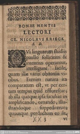 Bonae Mentis Lectori Ge. Nicolaus Kriegk