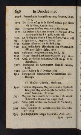 698-724, VI. Physica, Chemia, Medicina - VIII. Politica & Juridica