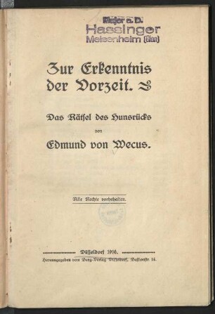 Zur Erkenntnis der Vorzeit : das Rätsel des Hunsrücks