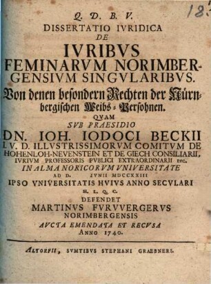 Dissertatio iuridica de iuribus feminarum Norimbergensium singularibus, von denen besondern Rechten der Nürnbergischen Weibs-Persohnen