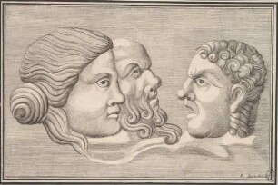 Drei Masken, Abb. 28 aus: Disegni intagliati in rame di pitture antiche ritrovate nelle scavazioni di Resina, Neapel 1746