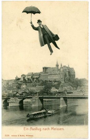Ein Ausflug nach Meissen : Meißen. Burgberg, Brücke, Elbe mit Dampfer und "Fliegender Mann"