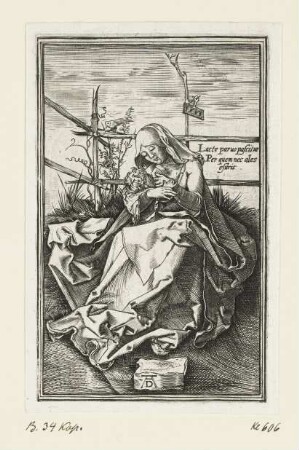 Maria auf der Rasenbank, das Kind stillend