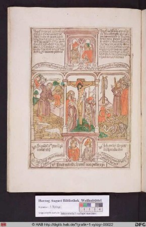 Drei biblische Szenen umgeben von vier Propheten. Links Abraham will Isaak opfern, mittig Kreuzigung Christi, rechts Aufrichtung der ehernen Schlange.