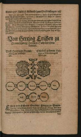 Wappen. Erich Hertzog zu Braunschweig und Grubenhagen. und Elisabeth geborne Hertzogin zu Braunschweig und Göttingen.