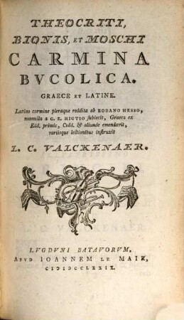 Theocriti, Bionis et Moschi Carmina Bucolica : graece et latine