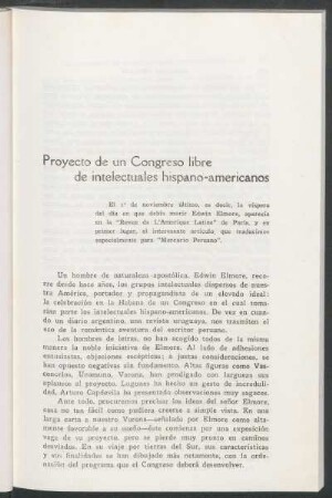 Proyecto de un congreso libre de intelectuales hispano-americanos