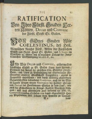 Ratification Von Ihro Fürstl. Gnaden Herren Abbten, Decan und Convent der Fürstl. Stifft St. Gallen