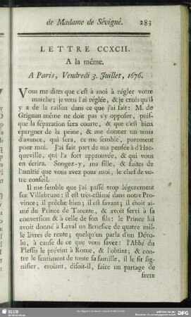 Lettre CCXCII. A la même. A Paris, Vendredi 3. Juillet, 1676