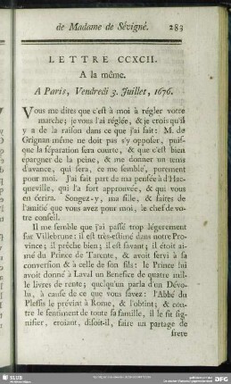 Lettre CCXCII. A la même. A Paris, Vendredi 3. Juillet, 1676