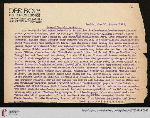Evangelien als Amulette, Hektographie (Ausschn.), Der Bote. Feuilleton-Correspondenz, Berlin, 20.1.1925, 1 Bl. (Text identisch mit Nr. 25) (Amulett(e); Evangelien (Textfragm. als Amulette)