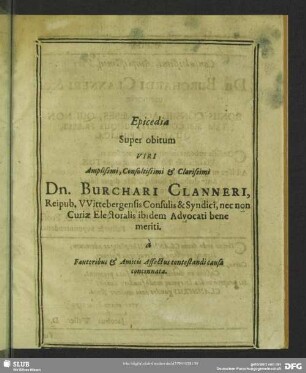 Epicedia super obitum Viri ... Dn. Burchari Clanneri ...