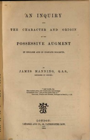 An inquiry into the character and origin of the possessive augment in English and in cognate dialects
