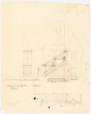Kirche, Demnitz/Mark Umbau: Außentreppe an der Ostfront: Ansicht, Grundriss 1:50 (vgl. Inv.Nr. 741 und 749)
