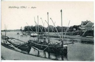 Mühlberg. Hafen mit Lastkähnen, Dampfer, Schlepper