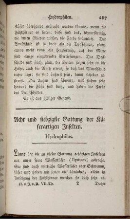 Acht und siebzigste Gattung der Käferartigen Insekten. Hydrophilus.