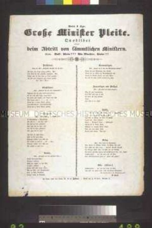 Maueranschlag: Große Minister Pleite. Spottgedicht von A. Hopf auf den Sturz des Ministeriums Camphausen; undatiert